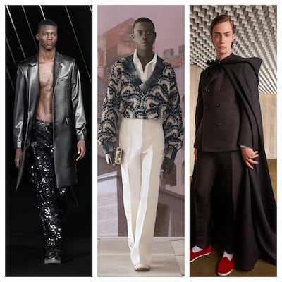 Menswear on the couture runway was a new thing this season, seen here at Azzaro, Fendi and Giambattista Valli