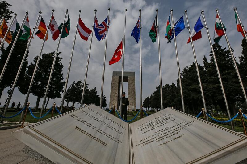 A Turkish soldier stands guard during the international service in recognition of the Gallipoli campaign at Mehmetcik monument in the Gallipoli peninsula. AP