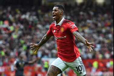 Marcus Rashford of Manchester United celebrates after scoring during the English Premier League soccer match between Manchester United and Arsenal FC in Manchester, Britain, 04 September 2022.   EPA/PETER POWELL EDITORIAL USE ONLY.  No use with unauthorized audio, video, data, fixture lists, club/league logos or 'live' services.  Online in-match use limited to 120 images, no video emulation.  No use in betting, games or single club / league / player publications