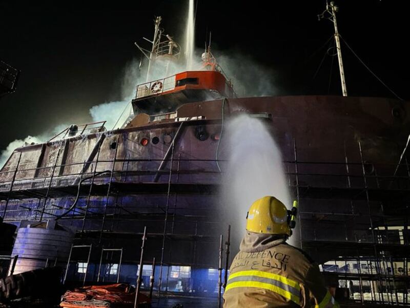 Firefighters spent an hour and 50 minutes bringing the fire at Al Jazirah Al Hamra port under control. RAK Media Office