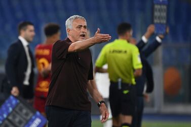 Roma head coach Jose Mourinho during the Italian Serie A soccer match between Roma and Sassuolo at the Olympic stadium in Rome Sunday, Sept.  12, 2021.  (Alfredo Falcone / LaPresse via AP)