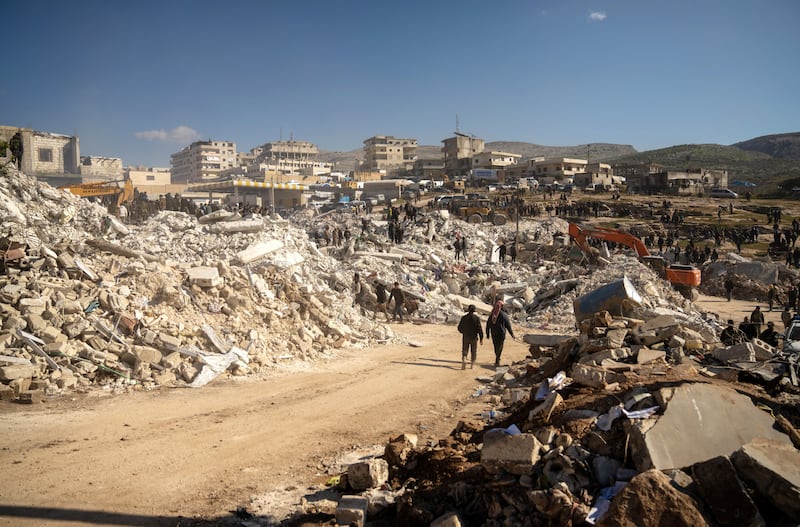 Rubble of collapsed houses in the town of Harim, near Idlib.  EPA