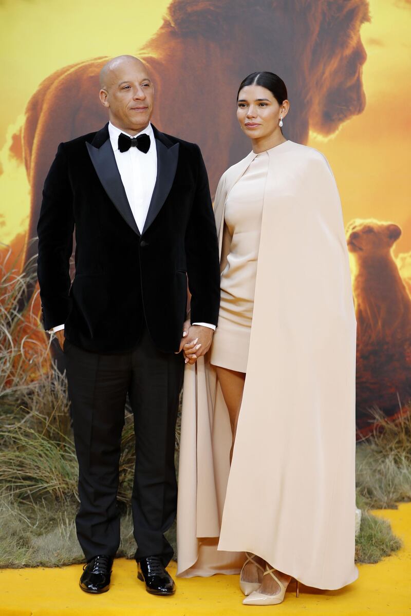 Vin Diesel and Paloma Jimenez attend the premiere of Disney's 'The Lion King' in London's Leicester Square on July 14, 2019. AFP