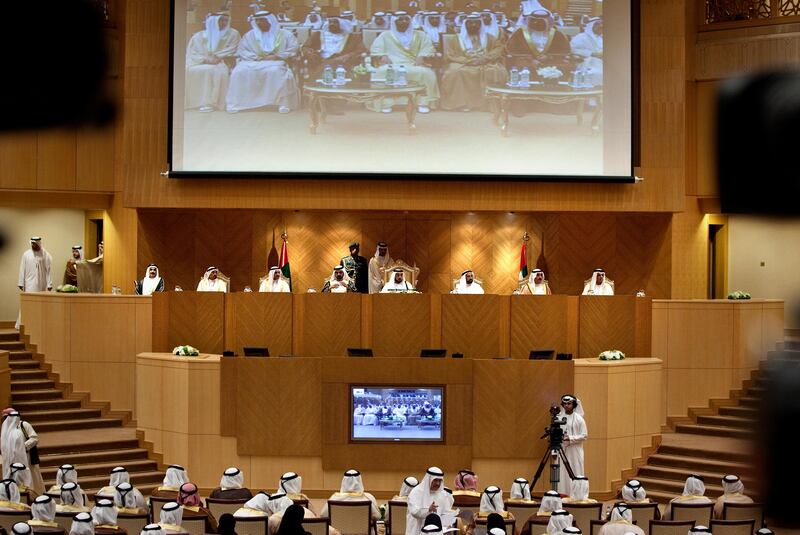 Attended by Sheikh Khalifa bin Zayed bin Sultan Al Nahyan,  the president of the UAE and emir of Abu Dhabi, as well as the rulers of the seven Emirates, the Federal National Council opened with the initial session on Tuesday, Nov. 15, 2011 at the FNC building in Abu Dhabi. (Silvia Razgova/The National)
