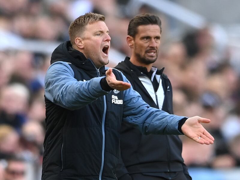 Newcastle manager Eddie Howe, alongside assistant coach Jason Tindall, during the Premier League win over Manchester United at St James' Park on April 2, 2023. Getty