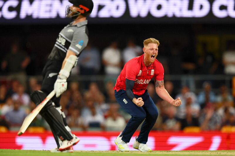 England's Ben Stokes celebrates the wicket of New Zealand captain Kane Williamson. AFP