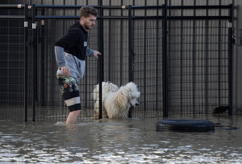A man lets a dog out of a cage as flood waters rise in the city of Chilliwack.