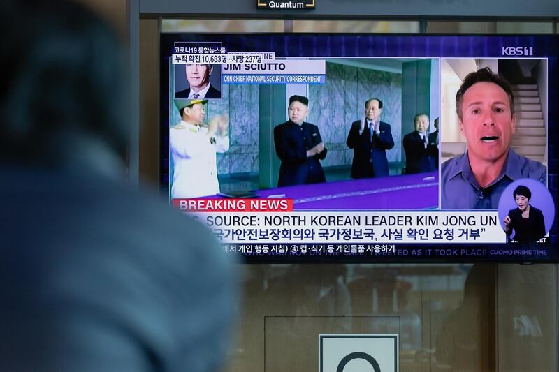 A screen displays a broadcast of a news report featuring North Korean leader Kim Jong Un at Seoul Station in Seoul, South Korea, on Tuesday, April 21, 2020. Bloomberg