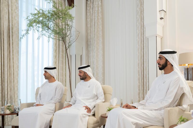 The meeting was attended by Sheikh Hamdan bin Mohamed, Sheikh Mohammed bin Hamad, Adviser for Special Affairs at the Presidential Court, and Sheikh Shakhbout bin Nahyan, Minister of State.