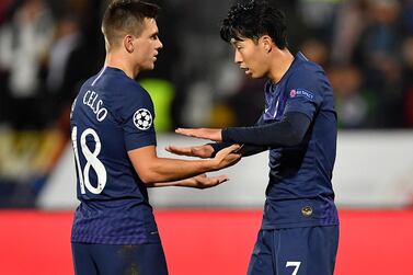 Heung-Min Son, right, after scoring Tottenham's second goal against Red Star Belgrade. Getty