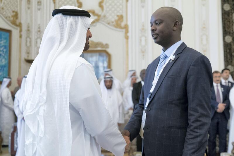 ABU DHABI, UNITED ARAB EMIRATES - October 07, 2019: HH Sheikh Mohamed bin Zayed Al Nahyan, Crown Prince of Abu Dhabi and Deputy Supreme Commander of the UAE Armed Forces (L), receives a minister who participated in the 26th Abu Dhabi World Road Congress (R), during a Sea Palace barza. 


( Rashed Al Mansoori / Ministry of Presidential Affairs )
---