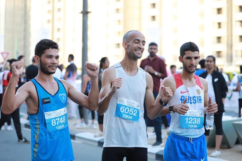 Winners of the Dubai Run 10 km men’s race. Samir Jouaher (middle) won first place, Anouar El Ghouz second and Mohammed Mira third. Courtesy Dubai Media Office