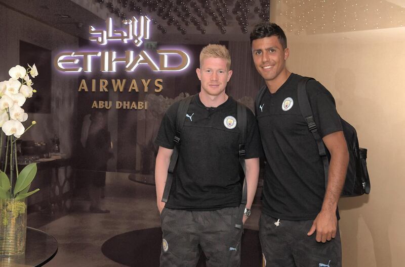 Kevin De Bruyne and the club's newest signing Rodri at the Etihad Airways Lounge in Abu Dhabi airport. Photo by Etihad Airways