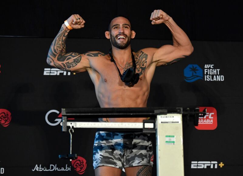 ABU DHABI, UNITED ARAB EMIRATES - JANUARY 15: Santiago Ponzinibbio of Argentina poses on the scale during the UFC weigh-in at Etihad Arena on UFC Fight Island on January 15, 2021 in Abu Dhabi, United Arab Emirates. (Photo by Jeff Bottari/Zuffa LLC)