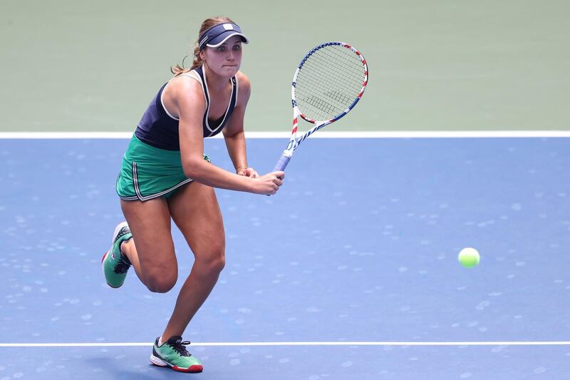 Sofia Kenin chases down the ball during her US Open second round match against Leylah Fernandez. AFP