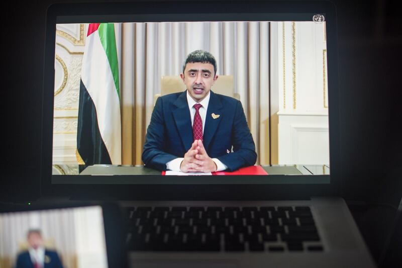 Sheikh Abdullah bin Zayed bin Sultan Al Nahyan, United Arab Emirates' foreign affairs minister, speaks during the United Nations General Assembly seen on a laptop computer in Hastings on the Hudson, New York, U.S., on Tuesday, Sept. 29, 2020. The United Nations General Assembly met in a virtual environment for the first time in its 75-year history due to the pandemic. Photographer: Tiffany Hagler-Geard/Bloomberg