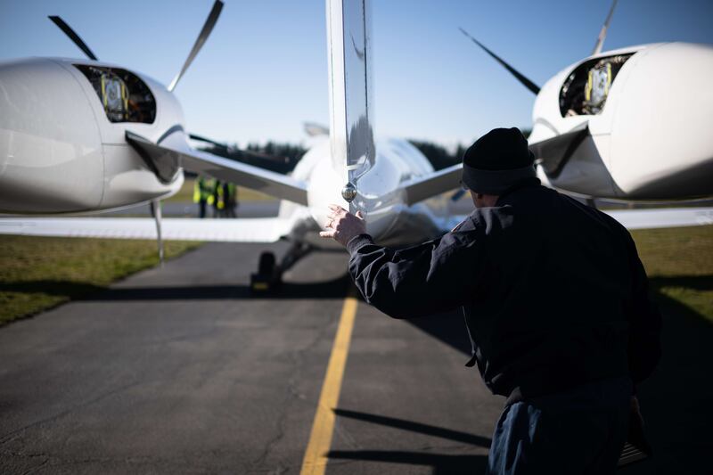 An Alice all-electric plane from Seattle-based Eviation during a taxi test in February. The aircraft, which is expected to enter into service by 2024, was chosen by DHL Express last year to become part of its sustainable fleet. AFP