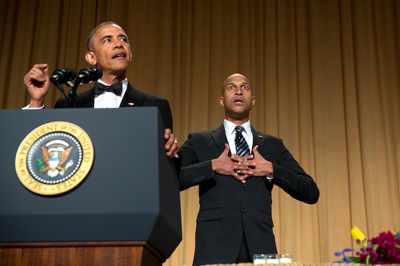 Mr Obama delivers remarks with the help of comedic actor Keegan-Michael Key as his 'anger translator' during the White House Correspondents' Association Dinner in Washington, April 25, 2015. Photo: The National Archives