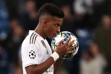  Real Madrid's Rodrygo celebrates completing his hat-trick against Galatasaray in the Champions League. Reuters