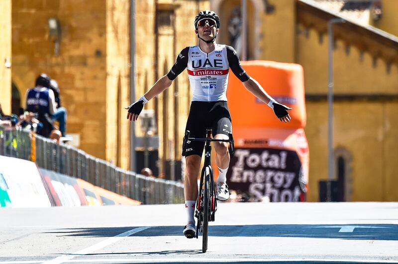 UAE Team Emirates rider Finn Fisher-Black celebrates after winning Stage 1 of the Giro di Sicilia on April 11, 2023. Sprint Cycling Agency