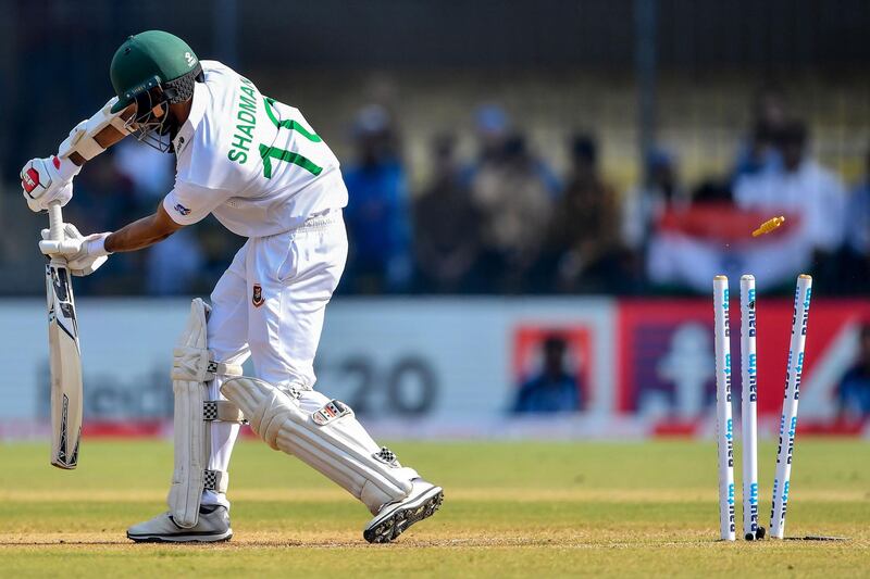 Bangladesh opener Shadman Islam is bowled by India's Ishant Sharma at Holkar Cricket Stadium in Indore. AFP