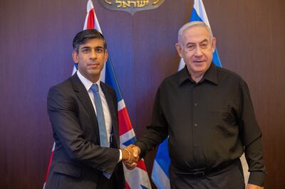 UK Prime Minister Rishi Sunak meets Israeli Prime Minister Benjamin Netanyahu in Jerusalem on Thursday. EPA