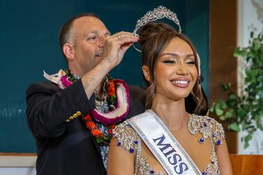 Hawaii Governor Josh Green crowns Savannah Gankiewicz as Miss USA 2023 in Honolulu. AP