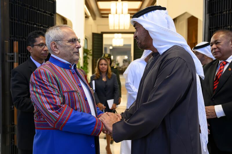 President Sheikh Mohamed bids farewell to President of East Timor Jose Ramos-Horta after a meeting at Al Shati Palace. All photos: UAE Presidential Court 