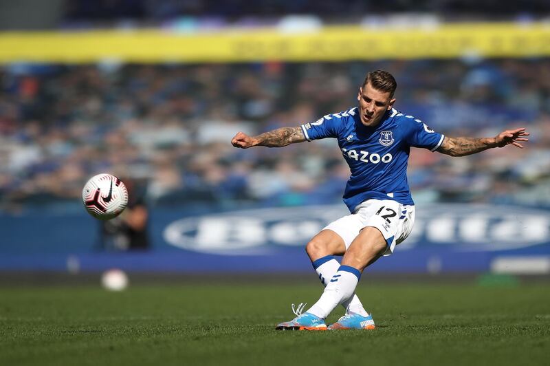 LIVERPOOL, ENGLAND - SEPTEMBER 19: Lucas Digne of Everton in action during the Premier League match between Everton and West Bromwich Albion at Goodison Park on September 19, 2020 in Liverpool, England. (Photo by Nick Potts - Pool/Getty Images)