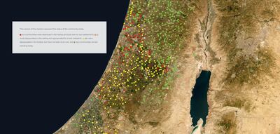 Palestine, Today's map is dotted with colour-coded markers that indicate the status of communities in Palestine. Via Palestine, Today