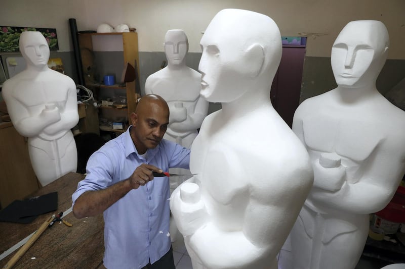 Dubai, United Arab Emirates - January 10th, 2018: Photo project. Sculptor Mark Ranasinghe crafts giant oscar sculptures out of polystyrene. Wednesday, January 10th, 2018 at Al Quoz, Dubai. Chris Whiteoak / The National