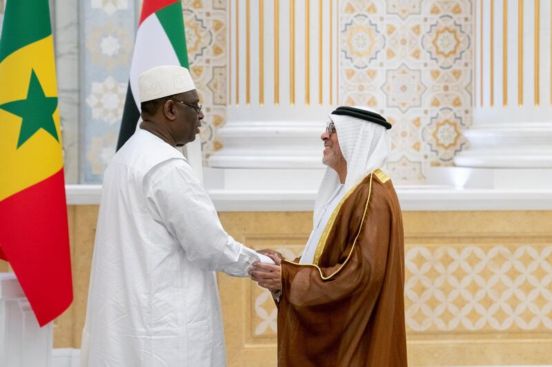 ABU DHABI, UNITED ARAB EMIRATES - February 06, 2020: HE Macky Sall, President of Senegal (L) greets HE Hussain Al Nowais, Chairman of the Khalifa Fund to Support and Develop Small & Medium Enterprises (R), during an official visit reception, at Qasr Al Watan.

( Hamad Al Kaabi / Ministry of Presidential Affairs )​
---