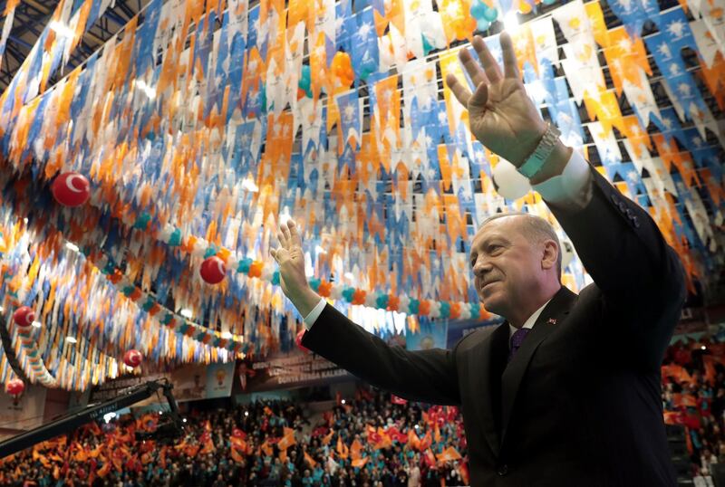 Turkey's President Recep Tayyip Erdogan salutes his supporters during a meeting in the Black Sea city of Ordu. AP