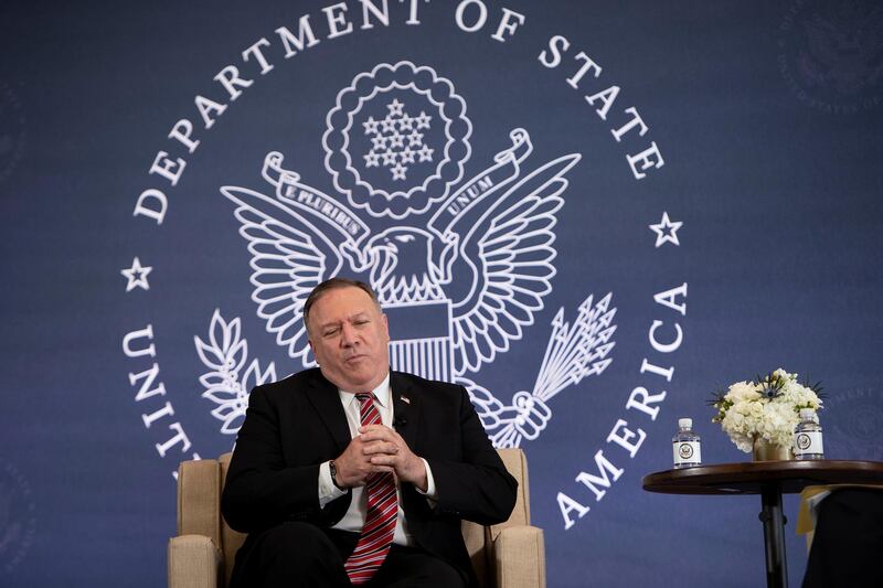 U.S. Secretary of State Mike Pompeo speaks at the National Constitution Center about the Commission on Unalienable Rights in Philadelphia, Pennsylvania, U.S., July 16, 2020. Brendan Smialowski/Pool via REUTERS