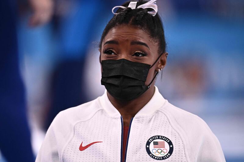 USA's Simone Biles is seen prior to the vault event of the artistic gymnastics women's team final.