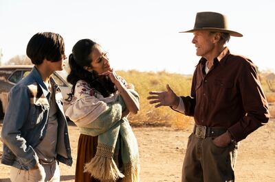 Eduardo Minett, Natalia Traven and Clint Eastwood in a scene from 'Cry Macho'. Photo: Warner Bros. Pictures