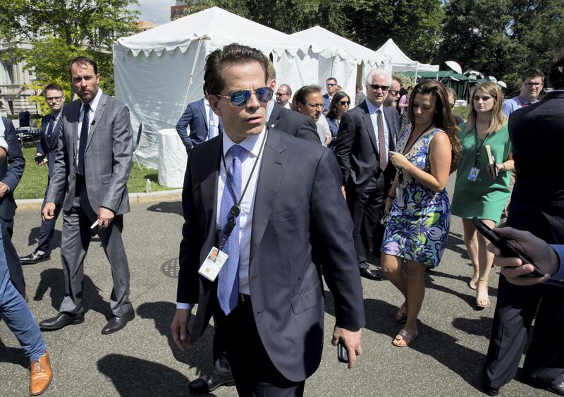 White House Communications Director Anthony Scaramucci talks with the media outside the White House in Washington, DC on July 25, 2017. (Photo by TASOS KATOPODIS / AFP)