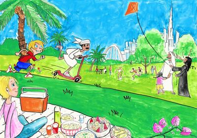 A Dubai park illustrated in the Eco-Heroes Fight for Food book. Courtesy Save Our World  