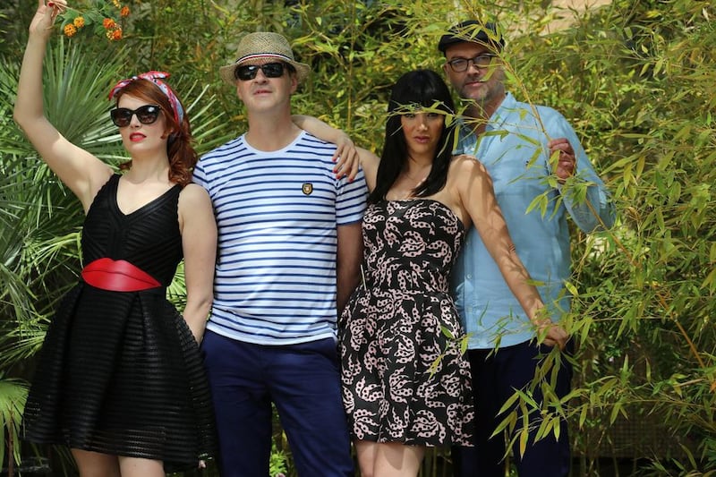 Nouvelle Vague's Marc Collin, second from left, and Oliver Libaux, far right, with singers Elodie Frégé, left, and Zula, second from right. Courtesy Nouvelle Vague