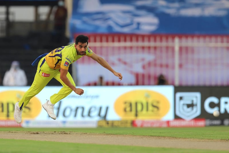 Deepak Chahar of Chennai Superkings bowls during match 4 of season 13 of the Dream 11 Indian Premier League (IPL) between Rajasthan Royals and Chennai Super Kings held at the Sharjah Cricket Stadium, Sharjah in the United Arab Emirates on the 22nd September 2020.
Photo by: Deepak Malik  / Sportzpics for BCCI