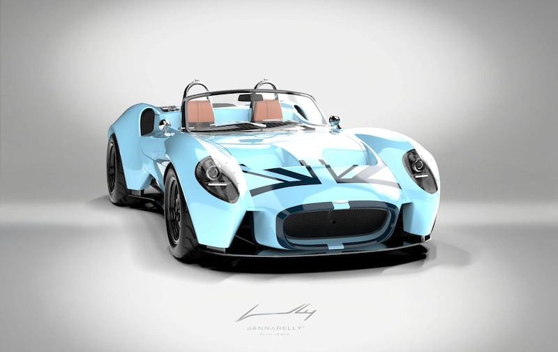 The design is inspired by sports cars of the 1950s and 1960s, such as the 1957 Ferrari Testa Rossa and 1962 Shelby AC Cobra. Courtesy Jannarelly Automotive