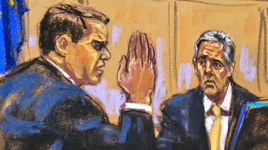 A courtroom sketch hows Michael Cohen as he is cross-examined by defence lawyer Todd Blanchre. Reuters