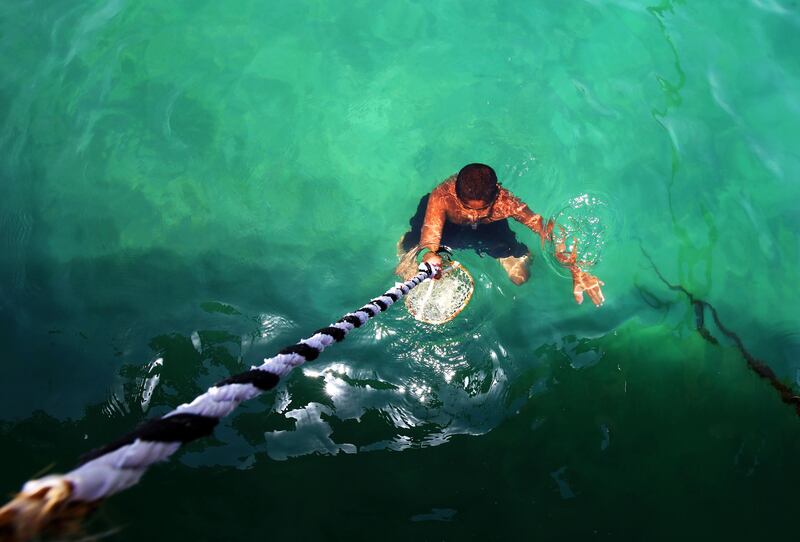 A young Kuwaiti returns to his dhow after a dive.