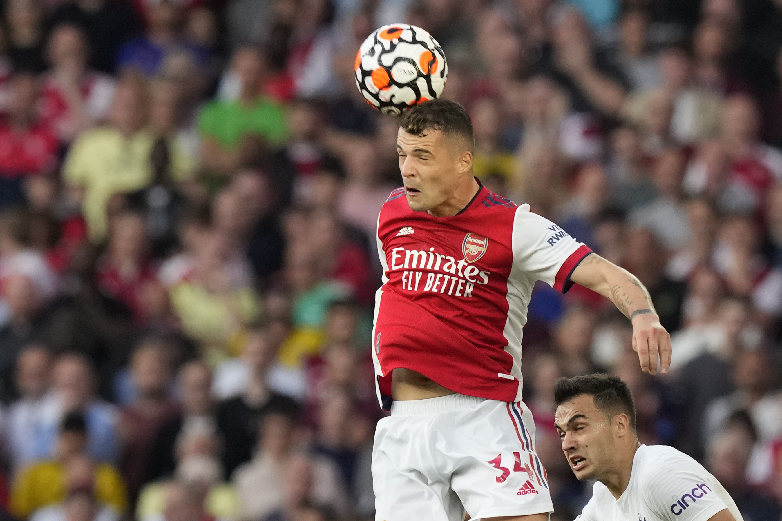 Granit Xhaka - 8: Swiss midfielder had his sensible hat on at Emirates. Rescued Ramsdale with strong challenge to hold off Hojbjerg after poor pass out that would set Arsenal off on counter attack for second goal. Excellent performance until limping off injured. AP