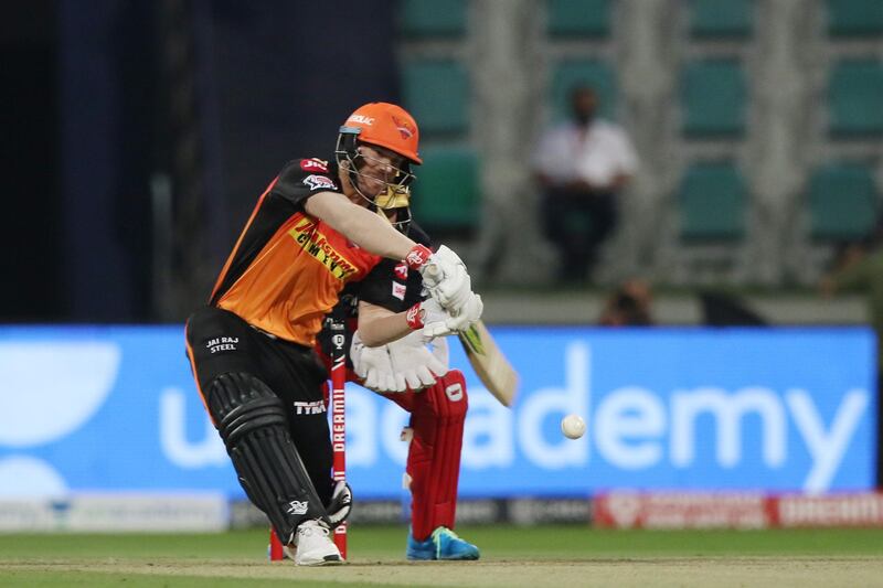 David Warner captain of Sunrisers Hyderabad plays a shot during the eliminator match of season 13 of the Dream 11 Indian Premier League (IPL) between the Sunrisers Hyderabad and the Royal Challengers Bangalore at the Sheikh Zayed Stadium, Abu Dhabi  in the United Arab Emirates on the 6th November 2020.  Photo by: Pankaj Nangia  / Sportzpics for BCCI
