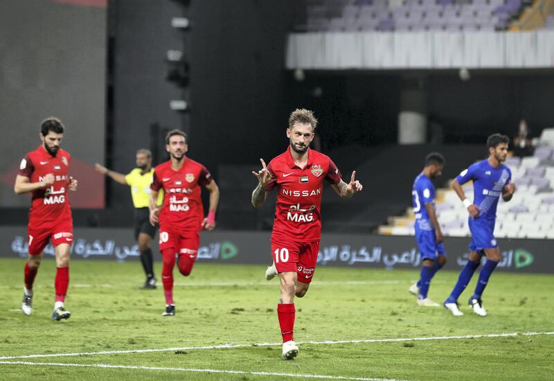 Shabab Al Ahli's Federico Cartabia scores a penalty in the game between Shabab Al Ahli and Al Nasr in the PresidentÕs Cup final in Al Ain on May 16th, 2021. Chris Whiteoak / The National. 
Reporter: John McAuley for Sport