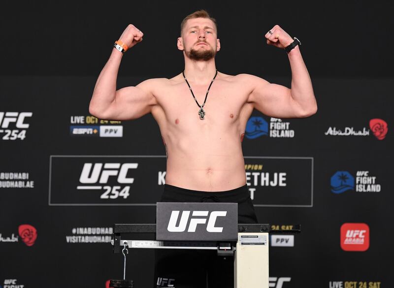 ABU DHABI, UNITED ARAB EMIRATES - OCTOBER 23: Alexander Volkov of Russia poses on the scale during the UFC 254 weigh-in on October 23, 2020 on UFC Fight Island, Abu Dhabi, United Arab Emirates. (Photo by Josh Hedges/Zuffa LLC)