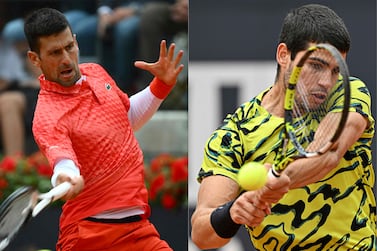 (COMBO/FILES) This combination of file photographs created on May 25, 2023, shows Serbia's Novak Djokovic (L) as he returns to Denmark's Holger Rune during their quarterfinals match of the Men's ATP Rome Open tennis tournament at Foro Italico in Rome on May 17, 2023 and Spain's Carlos Alcaraz (R) as he returns to Hungary's Fabian Marozsan during their third round match of the Men's ATP Rome Open tennis tournament at Foro Italico in Rome on May 15, 2023.  Novak Djokovic could face world number one Carlos Alcaraz in the semi-finals of the French Open after both players were placed in the same half of the draw on May 25, 2023.   Djokovic is chasing a record 23rd men's Grand Slam title in the absence of the injured Rafael Nadal, who will miss the tournament at Roland Garros for the first time since his 2005 title-winning debut.  (Photo by Filippo MONTEFORTE and Tiziana FABI  /  AFP)