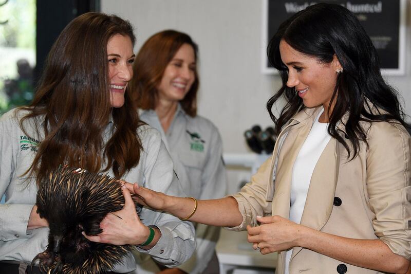 Meghan meets an echidna held by Dr Michelle Shaw, during a visit to Taronga Zoo in Sydney. AP Photo