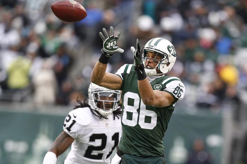 New York Jets wide receiver David Nelson pulls in a pass during a National Football League game against the Oakland Raiders. Jeff Zelevansky / AFP